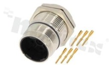 Gniazdo LJ23; M23, 6-stykowe, męskie, proste, 28A,na panel, zaciskane piny, z nakrętką z przodu, IP67