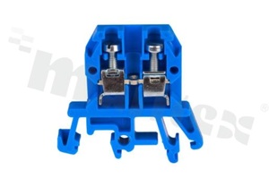 Złączka szynowa; 1-poziomowa; 2-zaciskowa na przewód 0,5-4,0mm2; zacisk śrubowy; niebieska; na szyne DIN; 1000V/32A