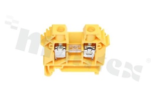 Złączka szynowa; 1-poziomowa; 2-zaciskowa na przewód 0,5-10,0mm2; zacisk śrubowy; żółta; na szyne DIN; 1000V/57A