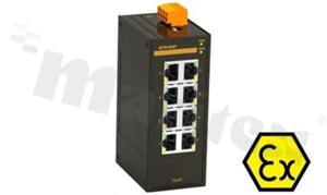 ATEX 8 Port Entry Level Unmanaged Din-Rail Switch; 8 10/100Base-TX RJ45 ports; operating temperature -40+75 deg.C; DIN rail mountable