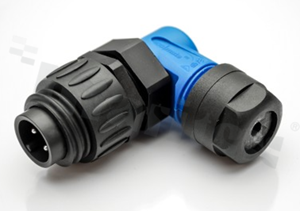 Wtyk ECOMATE seria C016, 4-stykowy (3+PE), męski, kątowy, 16A, 400V, kabel: 0.75-2.5mm2( AWG18-14), styki srebrzone, skręcane, kolor: czarno-niebieski, IP67