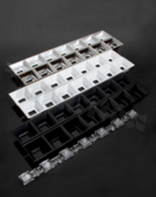 Lens for LED mid power; angle: 25+70 degrees FWHM; Number of LEDs: 7; Dimensions: 280x40mm; Height: 20.3mm; meterial: PC; Fastening: pin; screw; clips