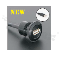 Gniazdo USB2.0; żeńskie; otwór montażowy 22mm; podłączenie na wtyk USB2.0 męski; długosć przewodu 60cm; korpus czarny; stop aluminium.
