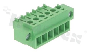 Listwa zaciskowa rozłączalna; w rastrze 3.81mm; 6-torowa; żeńska; na przewód 1.5mm2(28-16AWG); kierunek wtykania równoległy do osi przewodu; z zaczepem śrubowym; styki z fosforobrązu; mosiężna klatka przewodu; UL 300V/10A