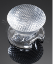 Soczewka do diod LED high power; kąt rozsyłu: 25 do 28 stopni FWHM; ilość diod: 1; rozmiar: okrąg 26mm; wysokość: 14.8mm; rodzaj materiału: PMMA; sposób mocowania: taśma