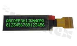 Wyświetlacz LCM OLED; LCD alfanumeryczny; 2.06"; 16x2 znaków; kolor świecenia zielony; obszar aktywny 51.175×10.78 mm; SPI; I2C; FFC do złącza ZIF; 30 pinów