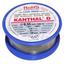 Drut oporowy grzejny Kanthal; renomowanego szwedzkiego producenta; średnica 0.55mm; SWG 25; -100+1300 st.C; 58.1m; 100g.