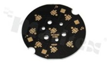 MCPCB, thermal conductivity 1.5W/(m*K), thickness: 2mm, number of layers - 1, black soldermask, legend color: gold, size: diameter 45mm, pad cover: gold; for XP/XT LEDs, /4