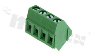 PCB terminal block; pitch 5.0mm; 4-ways; 45 deg angle; wire range 2.50mm2 (AWG 22-14); with screws for a flat screwdriver; rising clamp type; brass cage; green color; UL 300V/20A, TUV 250V/24A