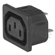 Gniazdo zasilające AC IEC 60320 F (6600-4), klasa ochronności I; montaż: do panela 2mm, zatrzaskowe; wyprowadzenia konektorowe QC 6,3x0,8mm; kolor czarny; IP30; 10A, 250VAC