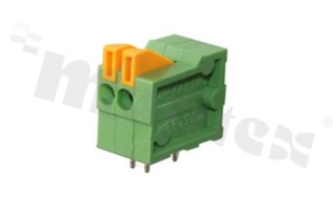 Listwa zaciskowa do PCB; w rastrze 2.54mm; 2-torowa; poziome wejście przewodu; na przewód 1.00mm2 (AWG 24-18); ze stykiem sprężynowym; zielona; UL 150V/5A, 130V/6A