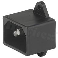 AC power inlet IEC 60320 C14, protection class I; mounting: panel thickness max 1.6mm / PCB, screw-on; PCB terminals; black; IP40; 10A, 250VAC