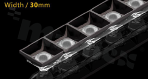 Soczewka do diod LED mid power; kąt rozsyłu: 50 stopni FWHM; ilość diod: 42; rozmiar: 1176x30mm; wysokość: 20mm; rodzaj materiału: PC; sposób mocowania: kołek; śruby