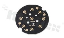 MCPCB, thermal conductivity 1.5W/(m*K), thickness: 2mm, number of layers - 1, black soldermask, legend color: gold, size: diameter 45mm, pad cover: gold; for XP/XT LEDs, /4