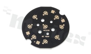 MCPCB, thermal conductivity 1.5W/(m*K), thickness: 2mm, number of layers - 1, black soldermask, legend color: gold, size: diameter 45mm, pad cover: gold; for XP/XT LEDs, /4