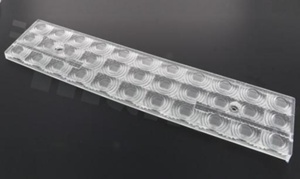 Lens for LED high power; mid power; angle: 83 to 95 degrees FWHM; Number of LEDs: 33; Dimensions: 61x286mm; Height: 8.5mm; meterial: PMMA; Fastening: screw