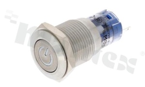 Push button switch; bistable; 16mm; solder terminals; stainless steel; blue power simbol illumination; IP65