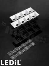 Lens for LED high power; angle: 59 to 70 degrees FWHM; Number of LEDs: 4; Dimensions: 182x40mm; Height: 20.2mm; meterial: PMMA; Fastening: pin; screw; clips