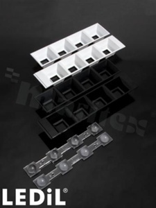 Lens for LED high power; angle: 59 to 70 degrees FWHM; Number of LEDs: 4; Dimensions: 182x40mm; Height: 20.2mm; meterial: PMMA; Fastening: pin; screw; clips