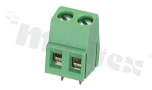 Listwa zaciskowa do PCB; w rastrze 5.00mm; 2-torowa; pionowa; na przewód 2.5mm2 (AWG 26-12); ze śrubami na wkrętak płaski; z ruchomą osłoną przewodu; klatka mosiężna; zielona; UL 300V/10A, TUV 250V/15A