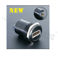 Gniazdo HDMI; żeńskie; otwór montażowy 22mm; podłączenie na wtyk HDMI żeński; korpus czarny; stop aluminium.