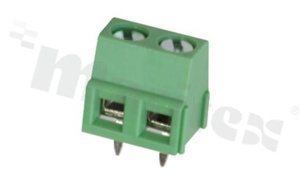 Listwa zaciskowa do PCB; w rastrze 5.00mm; 2-torowa; pionowa; na przewód 1.5mm2 (AWG 26-14); z ruchomą osłoną przewodu; ze śrubami na wkrętak płaski; klatka mosiężna; zielona; UL 300V/10A, TUV 250V/15A