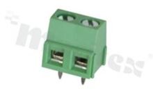 Listwa zaciskowa do PCB; w rastrze 5.00mm; 2-torowa; pionowa; na przewód 1.5mm2 (AWG 26-14); z ruchomą osłoną przewodu; ze śrubami na wkrętak płaski; klatka mosiężna; zielona; UL 300V/10A, TUV 250V/15A