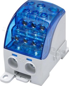 Złączka na szyne DIN; blok rozdzielczy uniwersalny;niebieski; jednobiegunowy; 185mm2; Al/Cu;1000V AC; 1500 DC / 490A