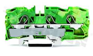 Złączka instalacyjna; 1-poziomowa; przelotowa; 3-zaciskowa na przewód 0.5-16.0mm2 (20-6AWG); ze stykiem sprężynowym; żółto-zielona; na szynę DIN