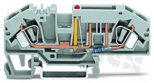 Złączka instalacyjna bezpiecznikowa; 1-poziomowa; przelotowa; 2-zaciskowa na przewód 0.2-6.0mm2 (24-10AWG); ze stykiem sprężynowym; szara; na szynę DIN; 400V/25A; 24V