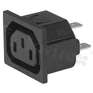 Gniazdo zasilające AC IEC 60320 F, klasa ochronności I; montaż: do panela 1,2mm, zatrzaskowe; wyprowadzenia konektorowe QC 4,8x0,8mm; kolor czarny; IP30; 10A, 250VAC