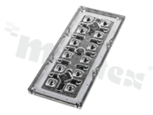 Soczewka do diod LED high power; kąt rozsyłu: 140 do 151 stopni FWHM; ilość diod: 12; rozmiar: 173x71mm; wysokość: 8mm; rodzaj materiału: PC; silikon; sposób mocowania: śruby