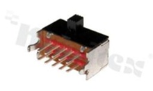 Miniaturowy przełącznik suwakowy; poziomy; 2-biegowy; 3-pozycyjny; w każdym położeniu wyprowadzenia skrajne zwarte z wybraną parą styków; do wlutowania w obwód drukowany