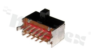 Miniaturowy przełącznik suwakowy; poziomy; 2-biegowy; 3-pozycyjny; w każdym położeniu wyprowadzenia skrajne zwarte z wybraną parą styków; do wlutowania w obwód drukowany