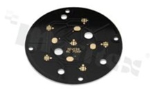 MCPCB, thermal conductivity 1.5W/(m*K), thickness: 2mm, number of layers - 1, black soldermask, legend color: gold, size: diameter 70mm, pad cover: gold; for XP LEDs, /6