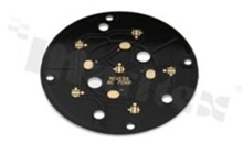 MCPCB, thermal conductivity 1.5W/(m*K), thickness: 2mm, number of layers - 1, black soldermask, legend color: gold, size: diameter 70mm, pad cover: gold; for XP LEDs, /6