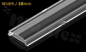 Lens for LED mid power; angle: asymmetric; Number of LEDs: optyka liniowa; Dimensions: 1176x38mm; Height: 9.3mm; material: PC; Fastening: clips