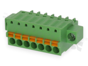 Pluggable terminal block; 3.50mm pitch; 7-ways; female; for wire 1.50mm2 (28-16AWG); wire insertion direction same as plug-in direction; with fixing screw; p.bronze contacts; spring clamp; brass cage; UL 300/8A TUV 250/12A