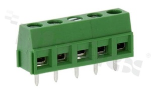 Listwa zaciskowa do PCB; w rastrze 5.08mm; 5-torowa; pionowa; na przewód 1.50mm2 (AWG 26-14); ze śrubami na wkrętak płaski; klatka mosiężna; zielona; UL 300V/12A, TUV 250V/15A