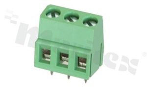 Listwa zaciskowa do PCB; w rastrze 5.00mm; 3-torowa; pionowa; na przewód 2.5mm2 (AWG 26-12); z ruchomą osłoną przewodu; ze śrubami na wkrętak płaski; klatka mosiężna; zielona; UL 300V/10A, TUV 250V/15A