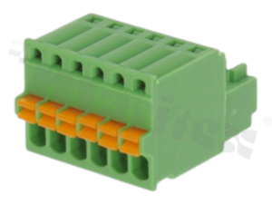Pluggable terminal block; 3.50mm pitch; 7-ways; female; for wire 1.50mm2 (28-16AWG); wire insertion direction same as plug-in direction; p.bronze contacts; spring clamp; brass cage; UL 300/8A TUV 250/12A