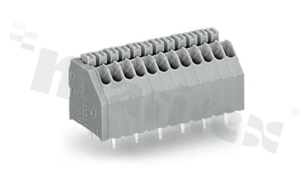 Listwa zaciskowa do PCB; w rastrze 2.50mm; 7-torowa; skośne wejście przewodu; na przewód 0.14-0.50mm2 (24-20 AWG); ze stykiem sprężynowym; szara; UL: 300V/5A