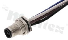 Gniazdo M12; kodowanie T; 4-stykowe; męskie; 12A; na panel; z nakrętką z przodu; z przewodem o długości 15cm; IP68