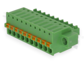 Pluggable terminal block; 3.50mm pitch; 10-ways; female; for wire 1.50mm2 (28-16AWG); wire insertion direction same as plug-in direction; with fixing screw;p.bronze contacts; spring clamp; brass cage; UL 300/8A TUV 250/12A