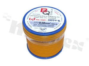 Przewód pojedynczy LGY/H05V-K; z wielodrutową miedzianą żyłą; żółty; przekrój 0.50mm2; AWG 20; 500V; -40+105 st.C; 25m.