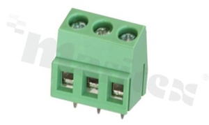 Listwa zaciskowa do PCB; w rastrze 5.00mm; 3-torowa; pionowa; na przewód 2.5mm2 (AWG 26-12); z ruchomą osłoną przewodu; ze śrubami na wkrętak krzyżakowy; klatka mosiężna; zielona; UL 300V/10A, TUV 250V/15A