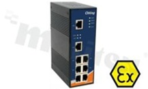 Switch przemysłowy niezarządzalny z certyfikacją ATEX; 8 portów 10/100Base-T(X) RJ45; temp. pracy: -40+70 st.C; zasilanie redundantne 12...48VDC; montaż na szynie DIN