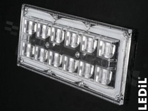 Lens for LED high power; angle: 89 to 108 degrees FWHM; Number of LEDs: 12; Dimensions: 71x173mm; Height: 11.4mm; meterial: PC; silicone; Fastening: screw