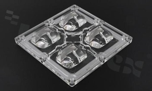 Lens for LED high power; COB; angle: asymmetric; Number of LEDs: 4; Dimensions: 90x90mm; Height: 13.6mm; meterial: PMMA; silicone; Fastening: screw