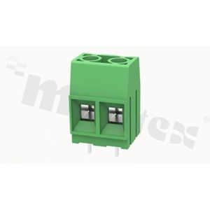 Listwa zaciskowa do PCB; w rastrze 10.16mm; 2-torowa; pionowa; na przewód 2.5-16mm2 (AWG 20-6); ze śrubami na wkrętak płaski; klatka mosiężna; zielona; UL 300V/60A